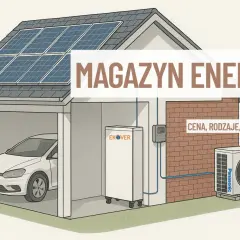 Dom z panelami słonecznymi, magazyn energii, samochód elektryczny i jednostka zewnętrzna klimatyzatora. System wykorzystuje prąd stały (DC) do magazynowania energii.