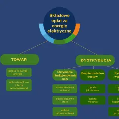 Schemat składający się na rachunek za prąd: TOWAR i DYSTRYBUCJA, z podziałem na poszczególne opłaty.