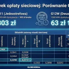 Porównanie taryf prądu G11 i G12w. Tabela pokazuje koszty dystrybucji dla różnych grup taryfowych, uwzględniając zmienne i stałe stawki sieciowe.