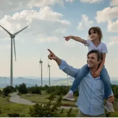 Ojciec z córką na ramionach wskazują na farmę wiatrową. Pozytywne polenergia opinie.