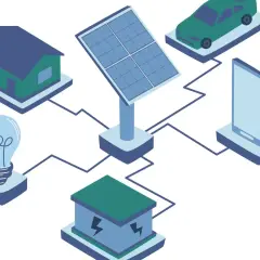Ilustracja pokazuje, jak powstaje prąd: panel słoneczny zasila dom, samochód elektryczny, smartfon i żarówkę.
