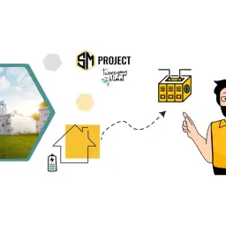 SM Project: fotowoltaika na nowych zasadach. Ilustracja pokazuje panele słoneczne, magazyny energii i dom z baterią, a mężczyzna wskazuje na system.