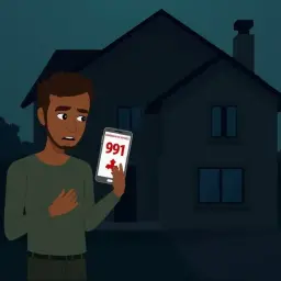 Zmartwiony mężczyzna trzyma telefon z numerem 991, szukając pomocy w sytuacji nagłego **braku prądu gdzie dzwonić**.