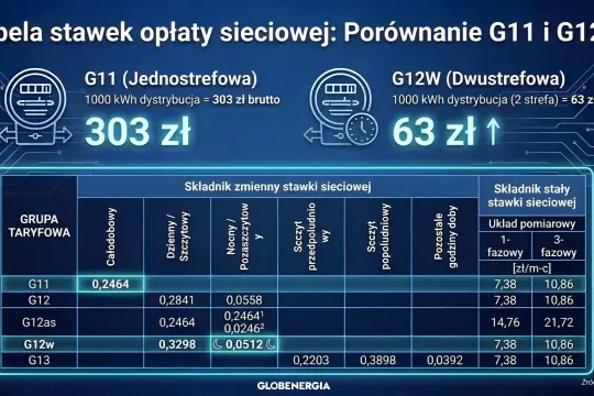 Porównanie taryf prądu G11 i G12w. Tabela pokazuje koszty dystrybucji dla różnych grup taryfowych, uwzględniając zmienne i stałe stawki sieciowe.