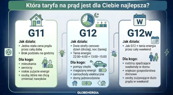 Porównanie taryf prądu: G11 (jedna cena), G12 (dwie strefy cenowe) i G12w (dwie strefy + weekend). Wybierz najlepszą dla siebie, np. taryfa g11 tauron dla seniorów.
