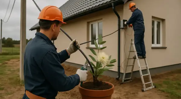 Dwóch elektryków w kaskach pracuje przy przyłączu elektrycznym domu. Jeden na drabinie, drugi przy kablu.