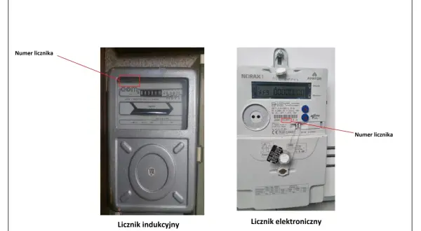 Na zdjęciu dwa liczniki prądu: indukcyjny i elektroniczny. Czerwona ramka wskazuje numer licznika na obu urządzeniach.