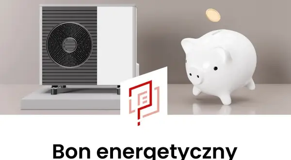 Pompa ciepła i skarbonka z monetami symbolizują oszczędności. Bon energetyczny 2026 to szansa na tańsze ogrzewanie.