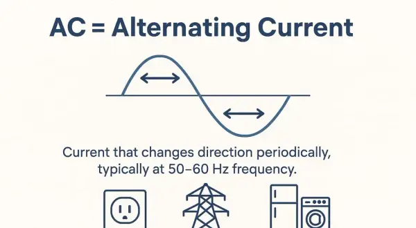Wykres fali prądu zmiennego (AC) z opisem: AC = Alternating Current. Prąd zmienia kierunek, zasila gniazdko, linie energetyczne i urządzenia domowe.