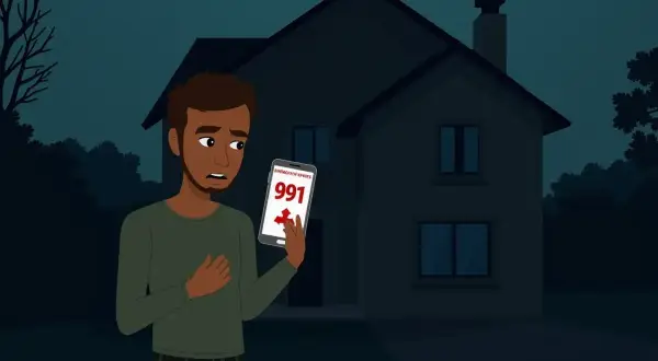Zmartwiony mężczyzna trzyma telefon z numerem 991, szukając pomocy w sytuacji nagłego **braku prądu gdzie dzwonić**.