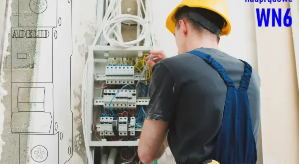 Elektryk w żółtym kasku pracuje przy rozdzielnicy, dokonując doboru zabezpieczeń nadprądowych. WN6.
