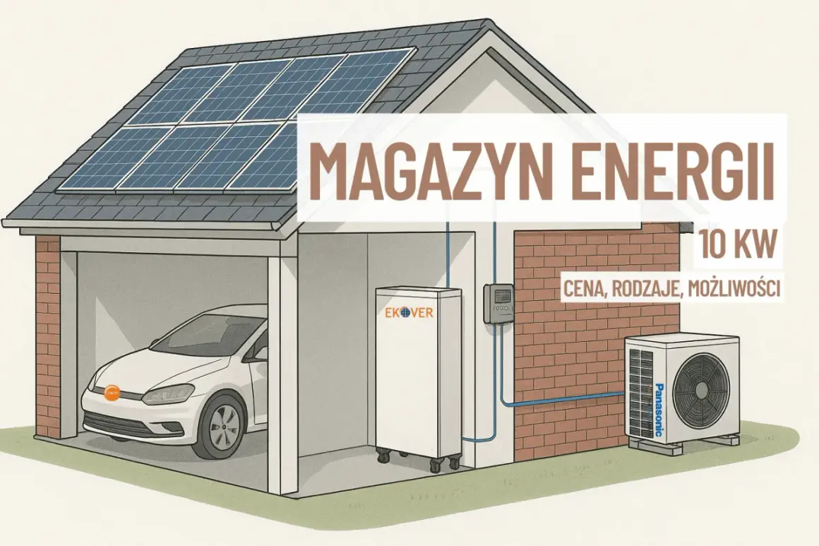 Dom z panelami słonecznymi, magazyn energii, samochód elektryczny i jednostka zewnętrzna klimatyzatora. System wykorzystuje prąd stały (DC) do magazynowania energii.