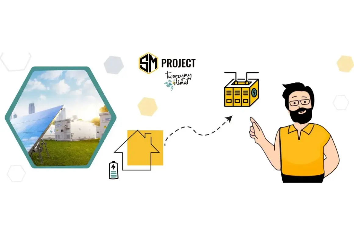 SM Project: fotowoltaika na nowych zasadach. Ilustracja pokazuje panele słoneczne, magazyny energii i dom z baterią, a mężczyzna wskazuje na system.