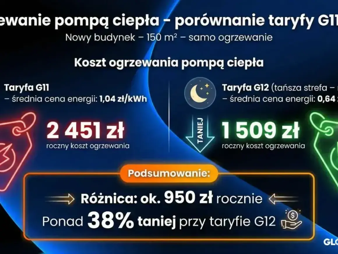 Porównanie kosztów ogrzewania pompą ciepła: taryfa G11 to 2451 zł rocznie, a taryfa G12 to 1509 zł. Oszczędność ponad 38%!