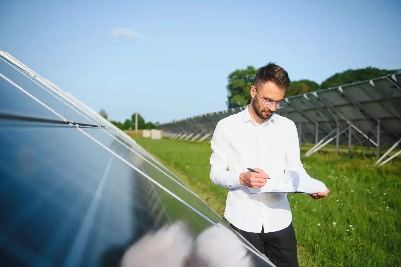 Mężczyzna w okularach notuje dane na tle farmy fotowoltaicznej. Jego praca jako prosument wirtualny jest kluczowa dla efektywnego zarządzania energią.