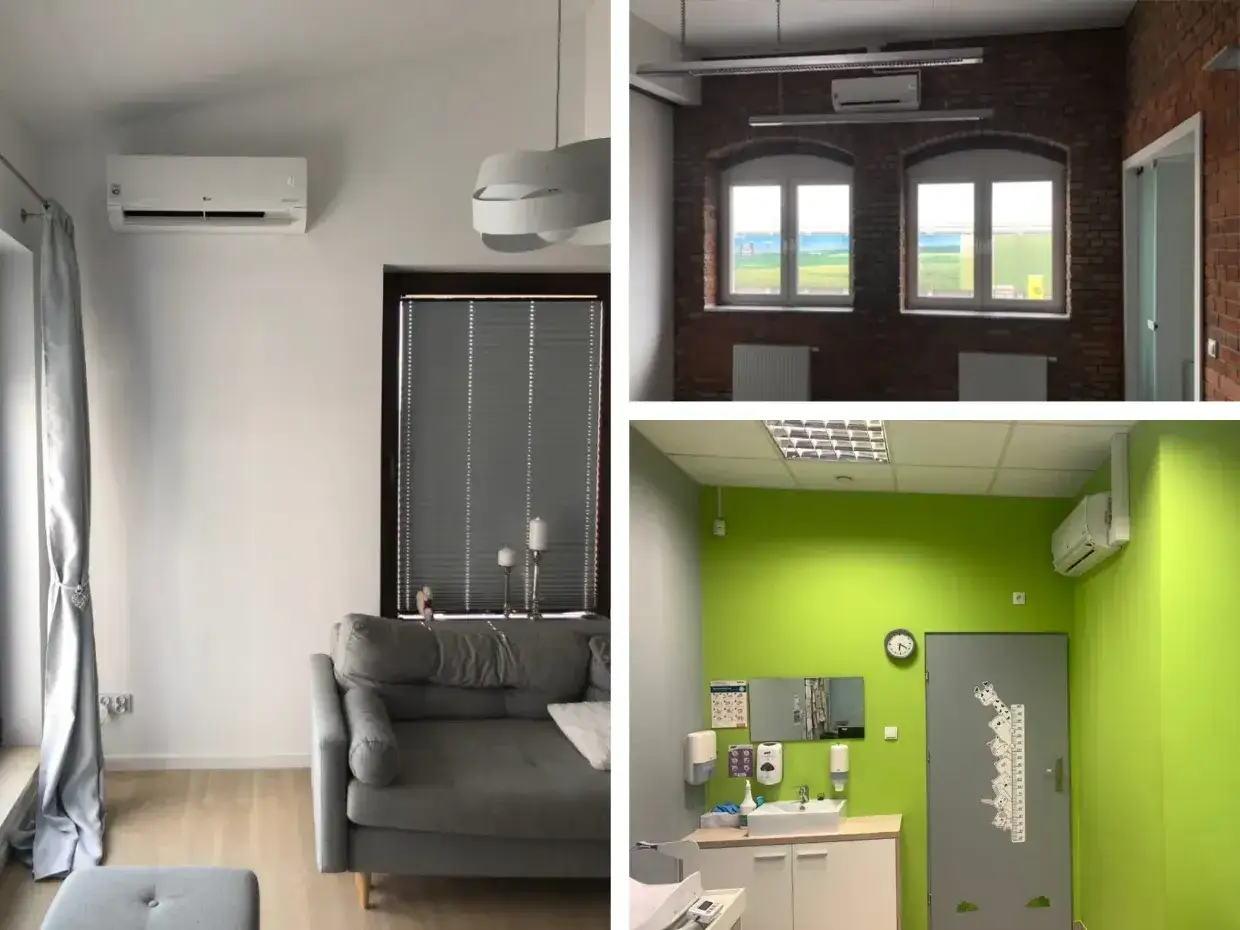 Trzy pomieszczenia z zamontowanymi klimatyzatorami: salon, pokój z ceglaną ścianą i pokój dziecięcy.