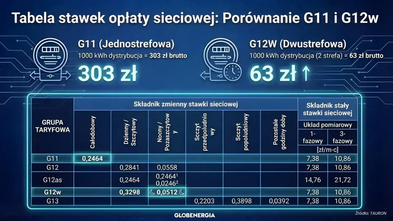 Porównanie taryfy G11 i G12w: G11 kosztuje 303 zł, G12w 63 zł za 1000 kWh. Tabela pokazuje stawki sieciowe.