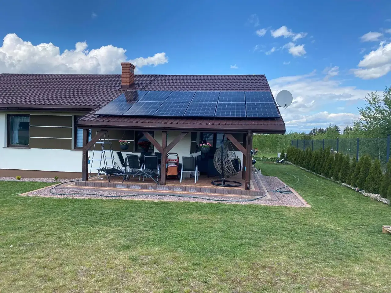 Instalacja fotowoltaiczna 3 kw cena z montażem na dachu domu z tarasem i ogrodem.